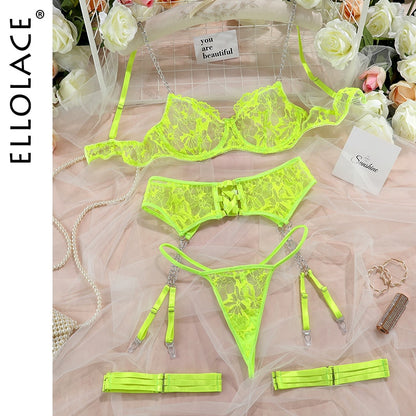Erotic Lace Transparent Bra Sets Sexy Thong 4-Pieces