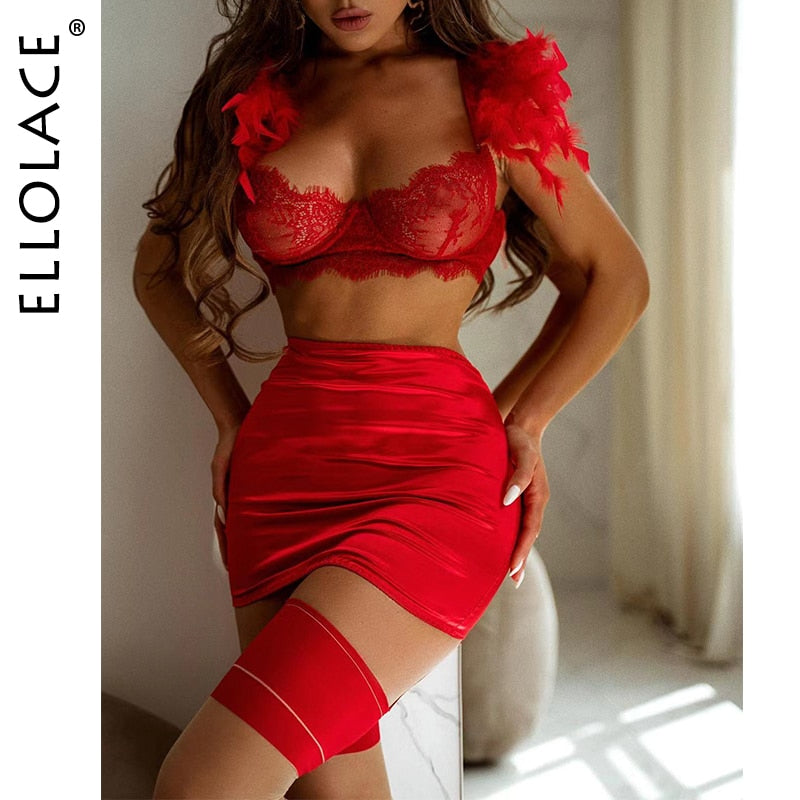 Ellolace Feather Lingerie Lace Up Garter Underwear 4-Piece Transparent Bra Seamless Intimate Uncensored Sensual Sissy Outfits