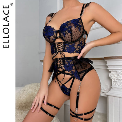 Ellolace Luxury Lingerie Fancy Lace Polka Dots Customes Floral Embroidery Intimate Sexy Porn Underwear Women Body Uncensored