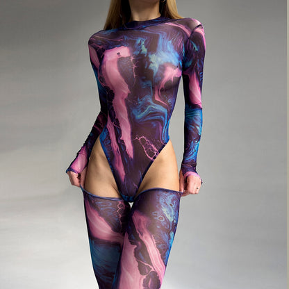 Ellolace Tie Dye Bodysuit Long Sleeve Lingerie Body Uncensored Tight Fitting Woman Crotchless Mesh Sexy Tops See Through Outfit