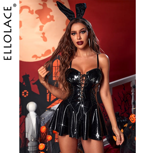 Halloween Latex Fetish Dress Bunny Sexy Costume Nightclub Cosplay PVC Short Dresses and Ears