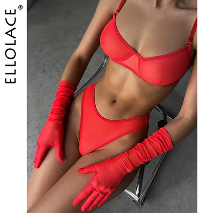 Ellolace Seamless Lingerie With Long Gloves Lace Seamless Underwear Intim Goods Sexy Outfits See Through Bra And Panty Set