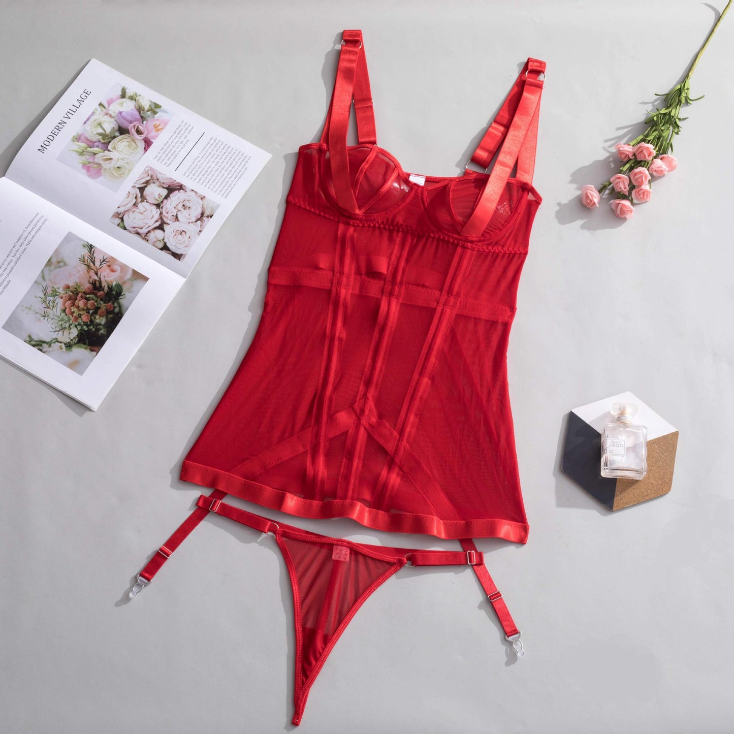 Sexy Mujer Puta Lace Dress Transparent Mini Nightgown Thongs Sleepwear