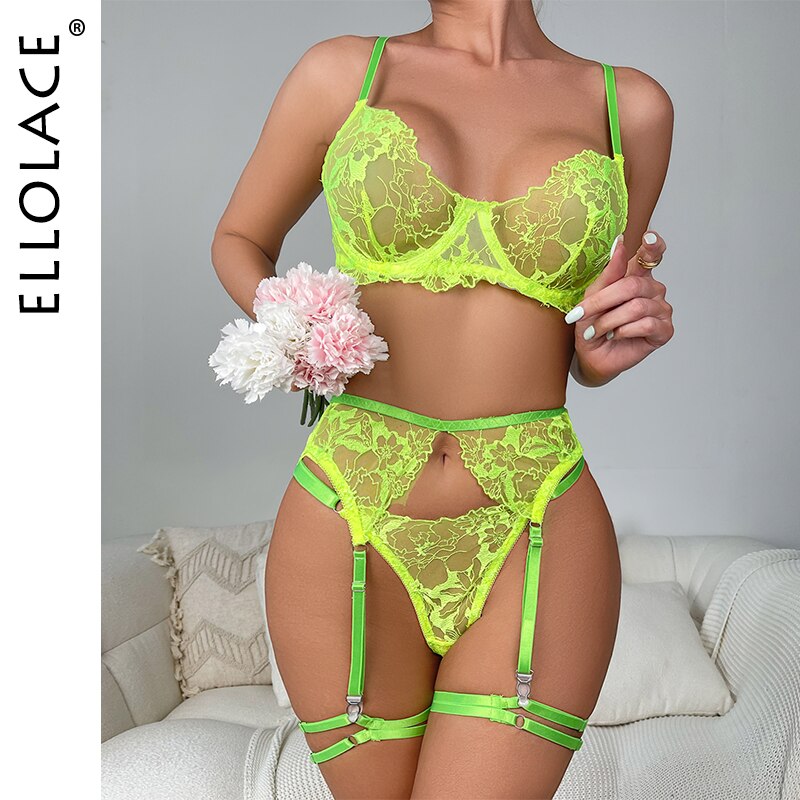 Ellolace Neon Green Fancy Lingerie Fetish Luxury Transparent Bra Intimate Push Lace Naked Women Without Censorship Underwear