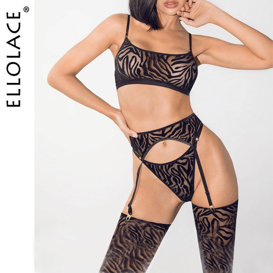 Ellolace Zebra Lingerie With Stocking Sensual Transparent Bra Pantyhose Underwear See Through Bra Lace Garter 4-Piece Erotic Set