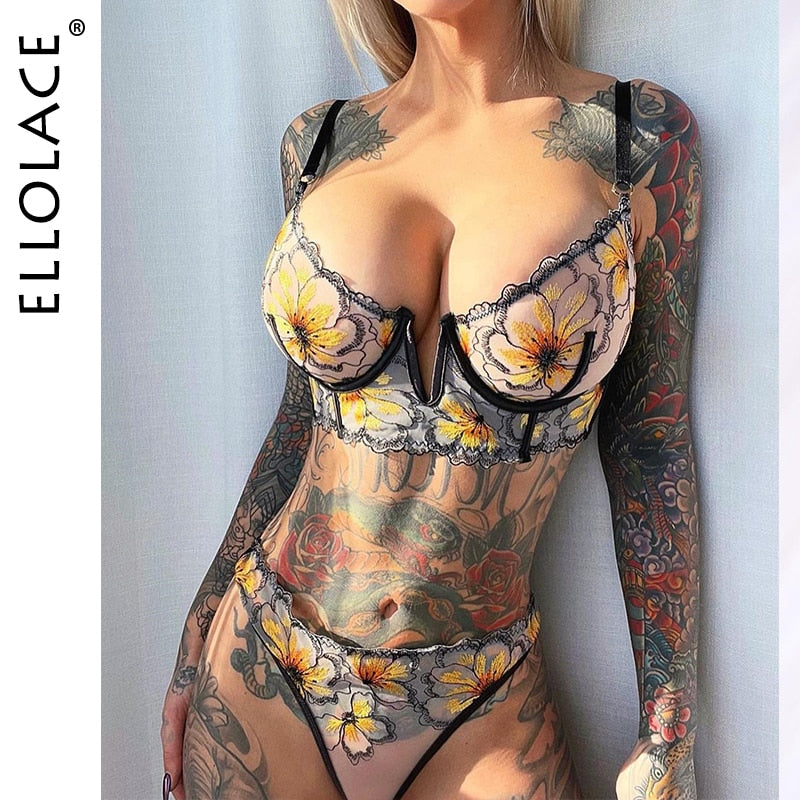 Ellolace Fancy Lingerie Floral Sexy Underwear Luxury Lace Deep-V Bra Set Women 2 Piece Transparent Sheer Bilizna Set Of Sex