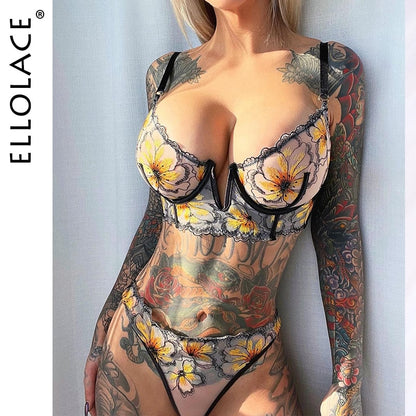 Ellolace Fancy Lingerie Floral Sexy Underwear Luxury Lace Deep-V Bra Set Women 2 Piece Transparent Sheer Bilizna Set Of Sex